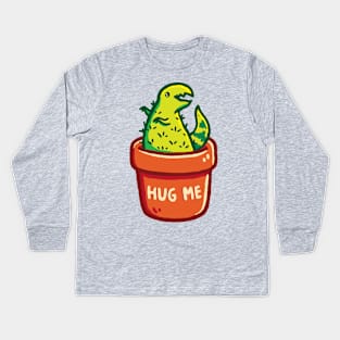 Cute T-Rex Dinosaur Cactus in a Planter & Hug Me Typography Kids Long Sleeve T-Shirt